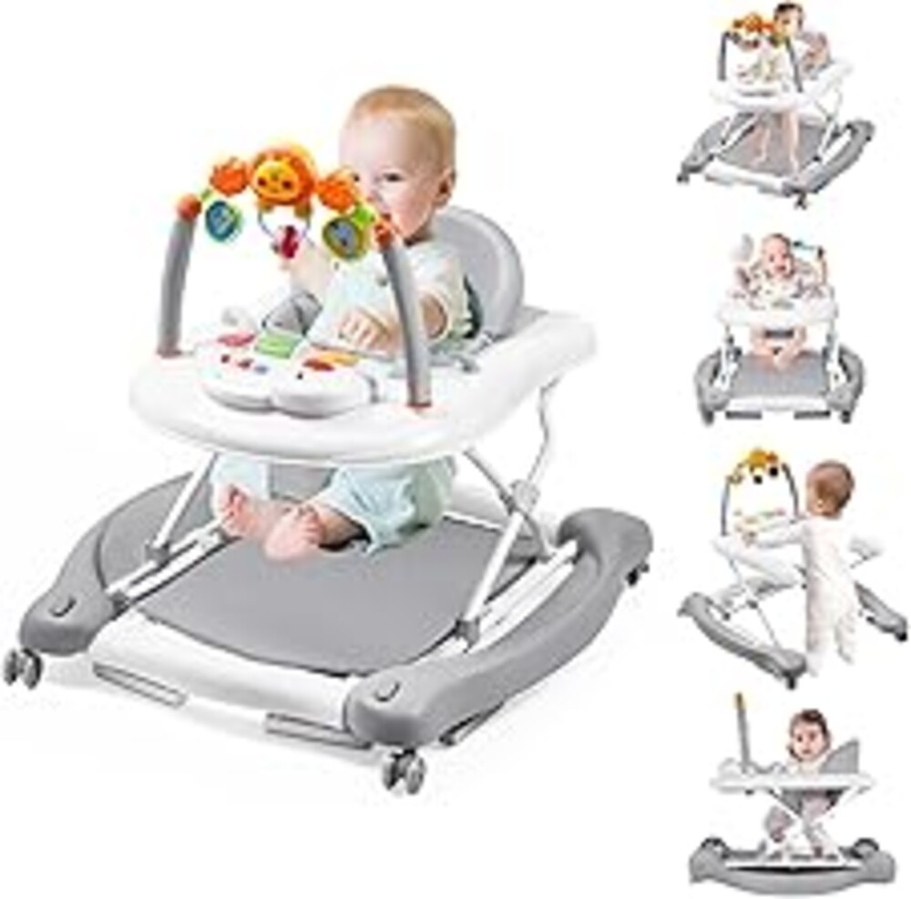 Boyro Baby Baby Walker, 5-in-1 Baby Walkers for Boys and Girls 6-12 Months with Bouncer, Removable Footrest, Feeding Tray & Music, Foldable & Adjustable Activity Walker for 6-18 Months Toddler Infant