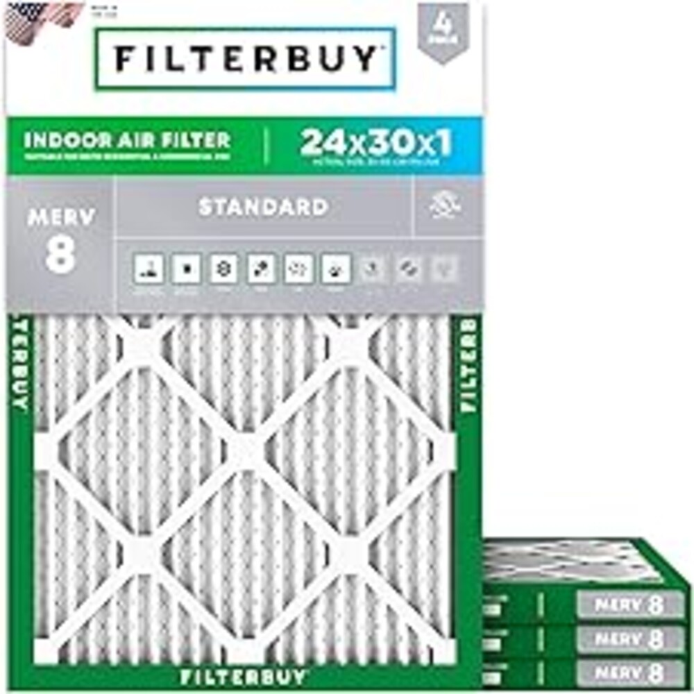 Filterbuy 24x30x1 Air Filter MERV 8 Essential Dust & Allergy Defense (4-Pack), Electrostatic Pleated HVAC AC Furnace Filters Replacement (Actual Size: 23.88 x 29.88 x 0.75)