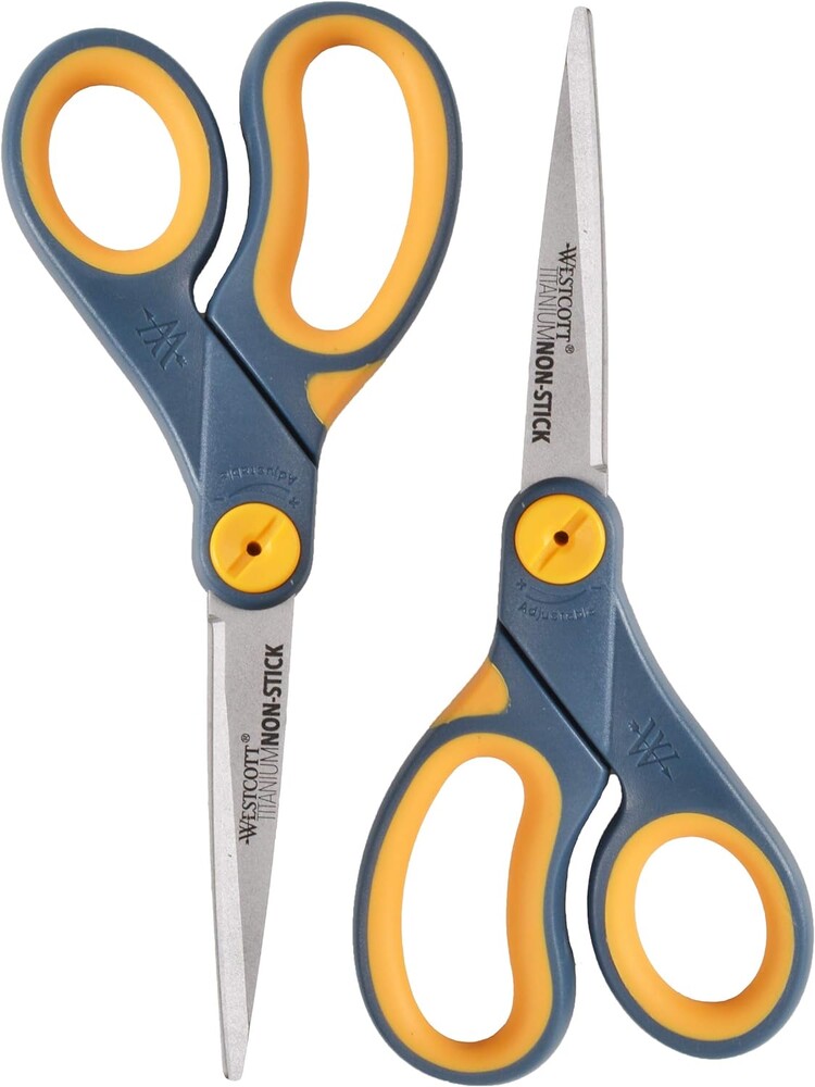 Westcott 8-Inch Non-Stick Titanium Scissors For Office and Home - Glide Adjust Technology - Grey/Yellow Craft, Fabric Scissors - 2 Pack
