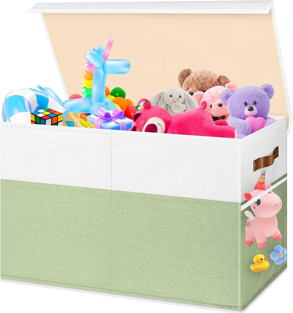 Large Toy Storage Box, Collapsible Sturdy Toys Storage Chest With Mesh, 25x13x16 Kids Toy Storage Organizer, Extra Large Toy Chest Box Bin Basket for Kids, Boys, Girls, Nursery(Green and White)