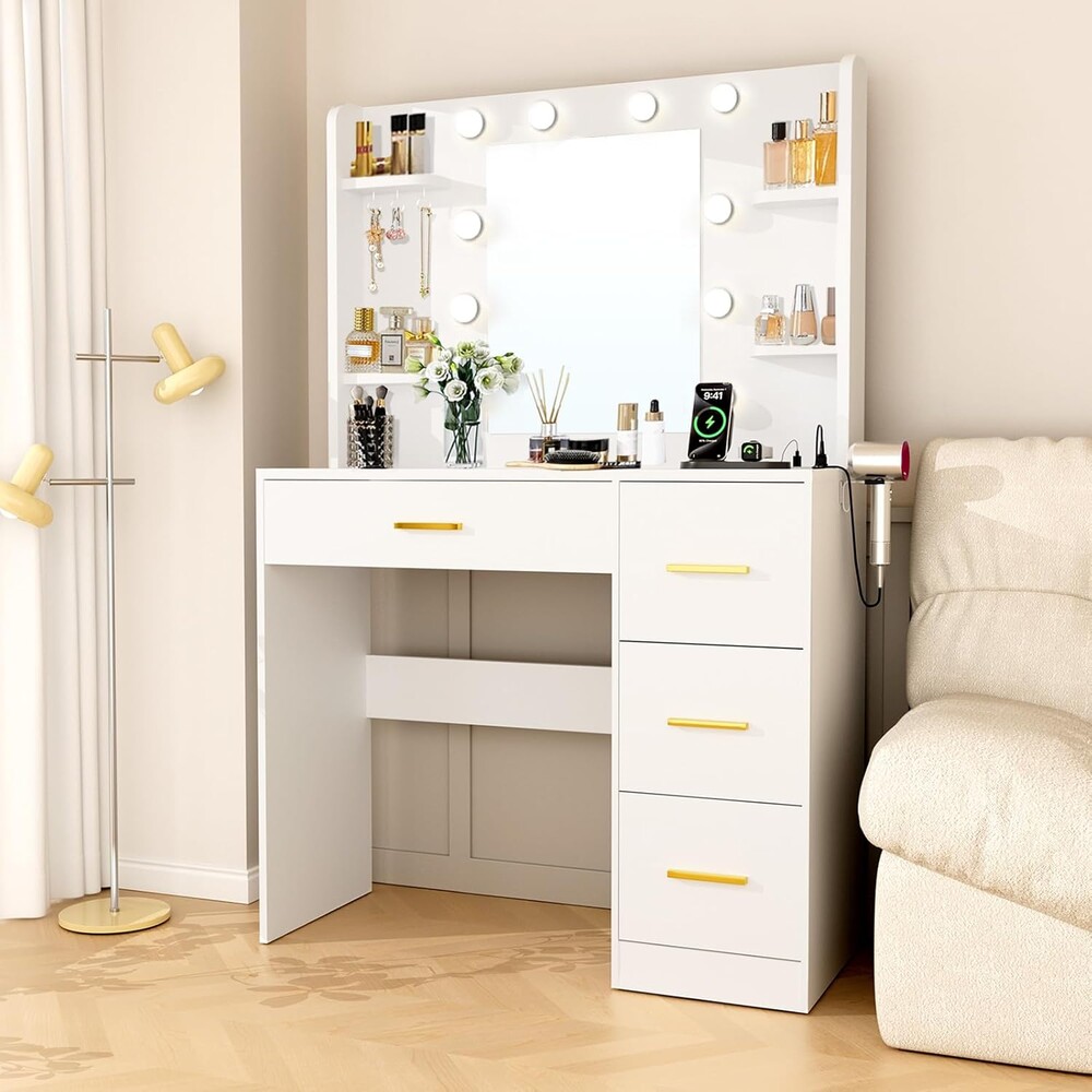 35 Small Vanity Desk with Mirror and Lights,10 Lights,3 Color Modes,Makeup Vanity Desk with 4 Storage Shelves 4 Drawers and Power Outlet,White vanitys-New Upgraded Quality