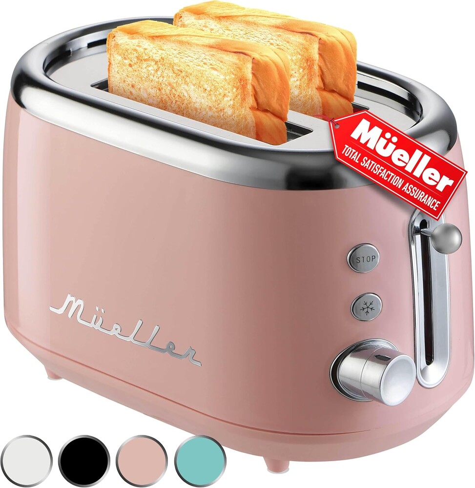 MUELLER HOME Retro Toaster 2 Slice, 7 Browning Levels, 3 Functions (Reheat, Defrost, Cancel), Stainless Steel Features, Removable Crumb Tray, Under Base Cord Storage, Pink Kitchen Accessories Décor