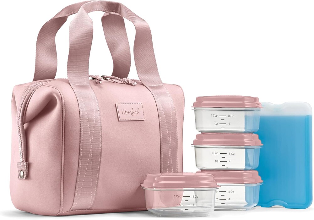 Fit & Fresh Remi Lunch Bag for Women Work – Neoprene Lunch Tote with Containers & Ice Pack, Reusable Meal Prep Lunch Box, Large Capacity, Machine Washable, Mauve
