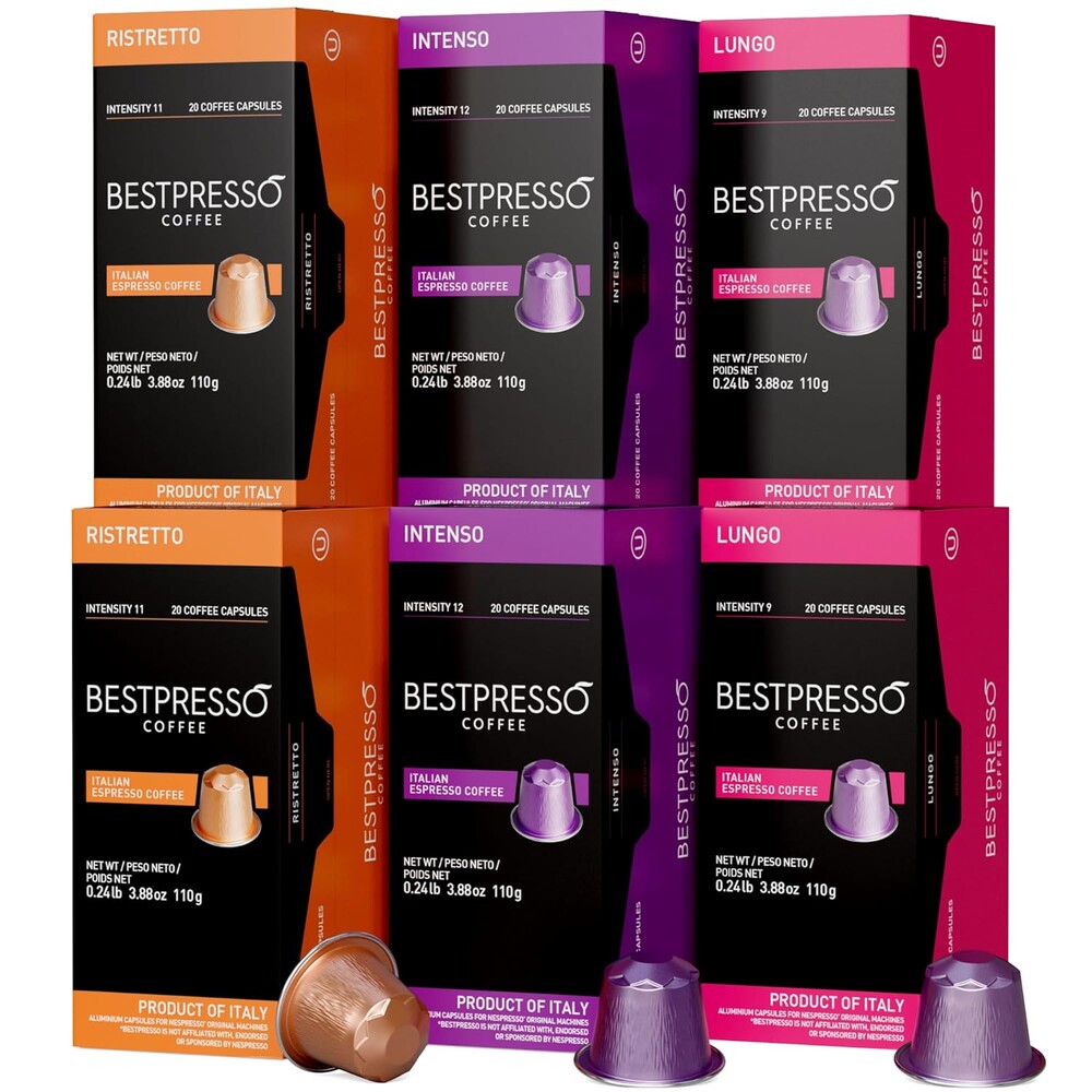 Bestpresso Coffee For Nespresso Original Machine 120 Aluminum Pods Certified Genuine Espresso Variety Pack Pods Compatible with Nespresso Original (Intense Variety Pack)