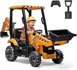 First Ride On JCB 12V Ride on Excavator for Kids with Remote Control, 3-in-1 Excavator, Bulldozer & Backhoe Ride on Toy, Kids Electric Construction Car with Reversible Seat, Canopy & Seat Belt (12V)