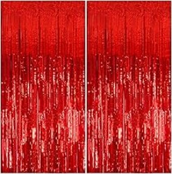 2 Pack Foil Curtain Backdrop Red Metallic Tinsel Foil Fringe Curtains Photo Booth Props for Birthday Wedding Engagement Baby Shower Bachelorette Christmas Holiday Celebration Party Decorations