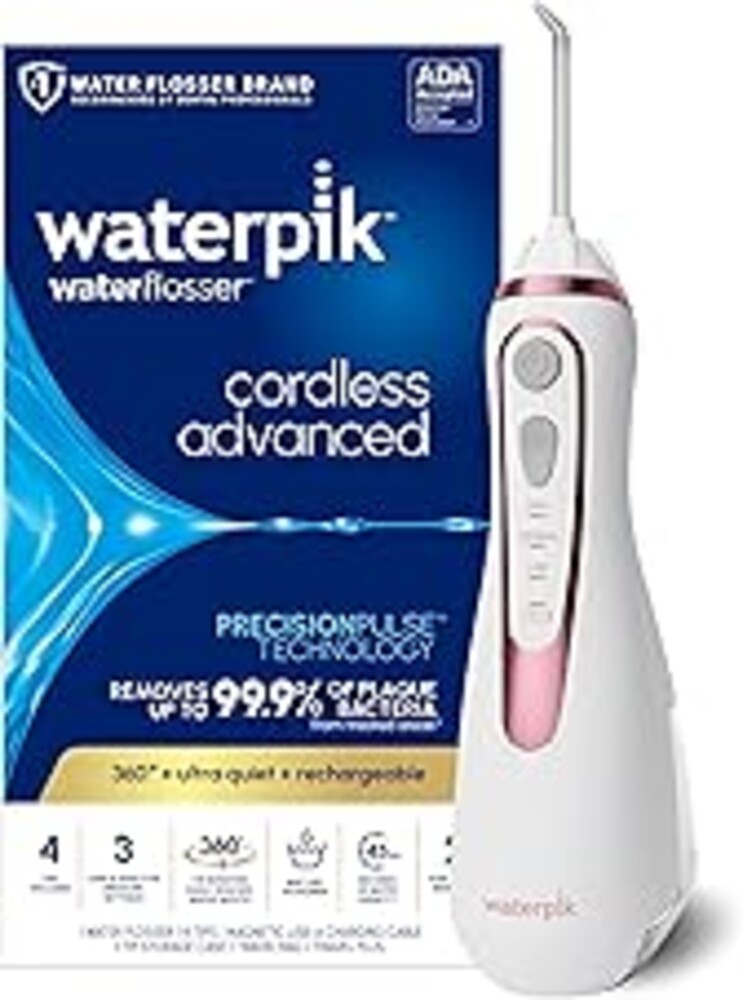 Waterpik Cordless Advanced 2.0 Water Flosser For Teeth, Gums, Braces, Dental Care With Travel Bag and 4 Tips, ADA Accepted, Rechargeable, Portable, and Waterproof, Rose Gold WP-589, Packaging May Vary