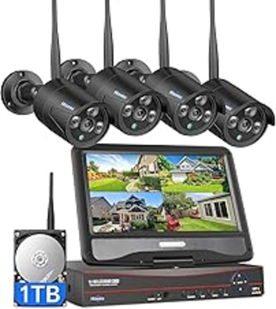 Hiseeu Home Security Camera System, 24/7 Recording Wired Plug-in Powered 4Pcs 5MP Outdoor Cameras, 10.1" LCD 16CH 8MP NVR&Monitor, One-Way Audio, Motion Detection, 1TB HDD, 2.4G/5G Wireless WiFi Pro