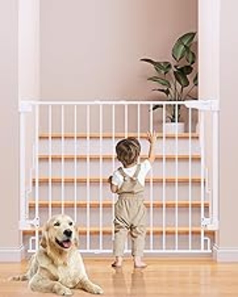 Cumbor 34" Extra Tall No Bottom Bar Baby Gate for Stairs, Hardware Mounted Dog Gate Indoor for Larger Pets, Expandable 29.2-43" Safety Gate for Doorways, Wide Walk Thru Door for Easy Access (White)