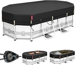 QH.HOME 10x16ft Oval Pool Cover,[Ultimate Windproof & Tear-Resistant Fabric],Snug Fit with Patented Ratchet & Weight Rings,Solar Pool Cover for Above Ground Pools, Blocks Leaves &Waterproof