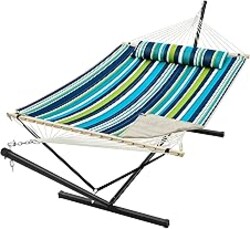 SUPERJARE 12ft Double Hammock with Stand, Rope Hammock for 2 Person, Detachable Hammock Bed and Pillow, Portable, Anti-Tip Safety Ropes, Carry Bag, Outdoor Backyard Patio Camping, Dark Cyan