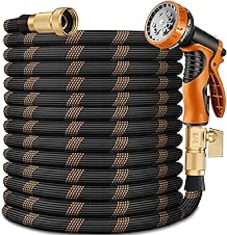 Flexible Garden Hose 100 FT, Ultra Lightweight Water Hoses w/10 Function Sprayer and 3/4" Brass Fittings, Kink-Free, Sturdy, Abrasion Resistant for Yard, Lawn, Outdoor and Gardening(Black Orange)