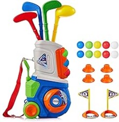 PJG Toddler Golf Set, Plastic Kids Golf Clubs Ages 1 2 3 4 5 Years Old with 4 Golf Clubs and 10 Balls, Indoor and Outdoor Toddler Golf Toys with Cart for Boys and Girls Birthday (Blue)