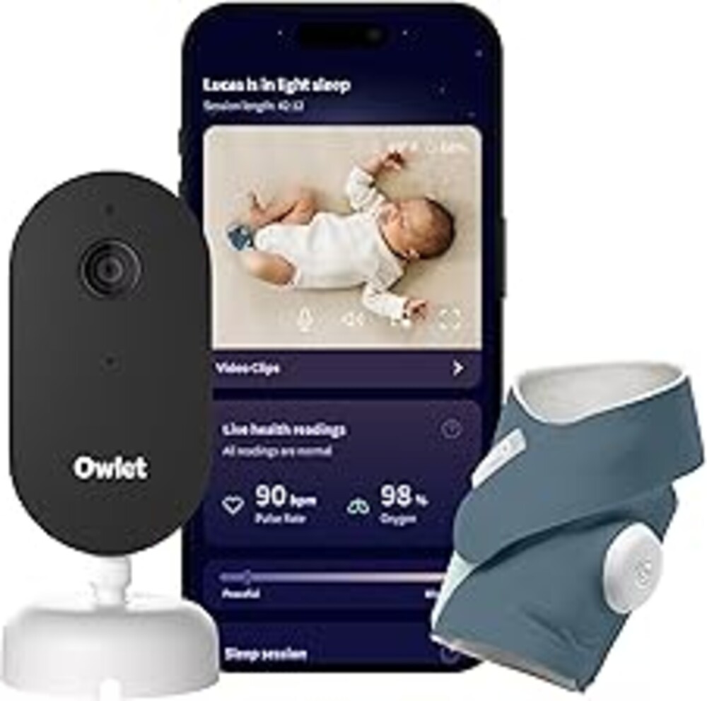 Owlet Dream Duo (Gen 3) Smart Baby Monitor All-in-One Bundle - 2K HD Video Baby Monitor with Alerts & Owlet Dream Sock Tracks Baby’s Oxygen, Heart Rate & Sleep | Health Insights via App