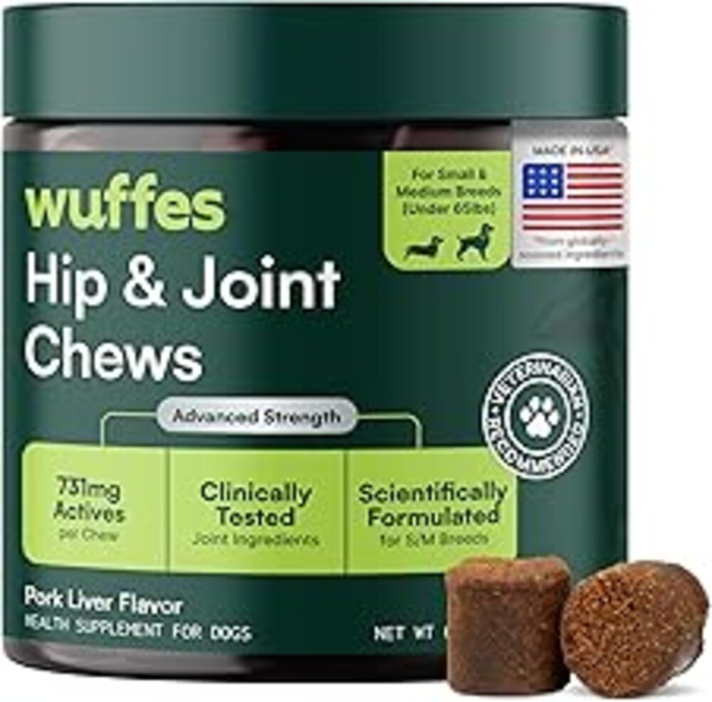 Wuffes Advanced Dog Hip and Joint Supplement with Glucosamine, Chondroitin, Omega 3, MSM, and Green Lipped Mussel, 60 Pork Flavored Chews for Small and Medium Dog Breeds