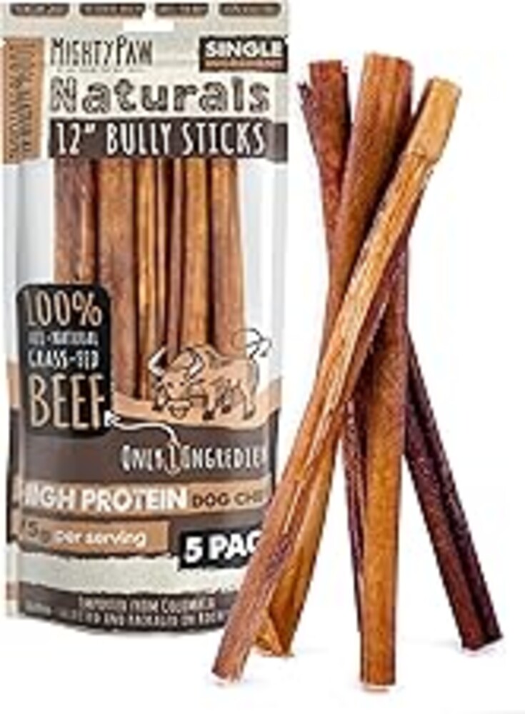 Mighty Paw Long Lasting 12" Bully Sticks for Dogs - All Natural Grass Fed Beef Chews. Lower Odor Dog Bully Sticks for Large Dogs, Medium and Small Breeds. Single Ingredient Treats