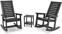 GREENVINES Outdoor Rocking Chair Set | 3-Piece | 2 Rocking Chairs with 1 Side Table | Porch Rocker | HDPE Plastic | Black | Patio Furniture Sets | High Back | Big & Tall | Ladder Back
