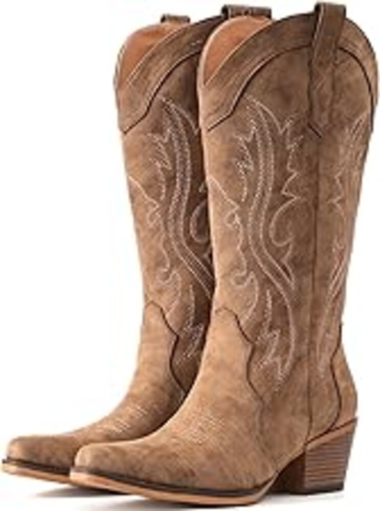 IUV Cowboy Boots For Women Western Cowgirl Boots with Chunky Heel Mid Calf Snip Toe Ideal for low insteps