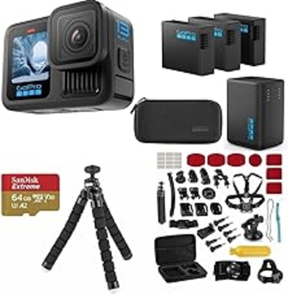 GoPro HERO13 Black Action Camera with 3 Enduro Batteries, Dual Charger, 64GB SD, 5.3K HDR Video, 27MP Photos, HyperSmooth Stabilization, Waterproof Design, 47-Piece Accessory Kit, 1-Year Warranty