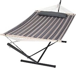 SUNCREAT Hammock with Stand 2 Person Heavy Duty, Freestanding Hammock with Spreader Bar, Soft Pillow, Gray Stripes