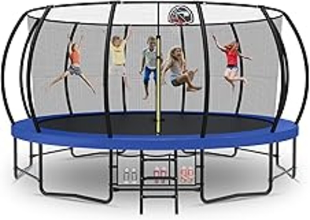 Tatub Large Trampolines Outdoor 10 12 14 15 16FT for Kids and Adults,Outdoor Recreational Pumpkin Trampolines with Curved Poles and Safety Enclosure Net, Basketball Hoop, Ladder