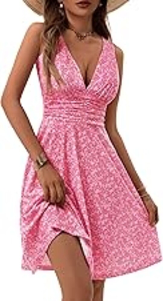OURIN Women's Spring Deep V Neck Sleeveless Floral Sundresses with Pockets Flowy Summer Dresses for Women