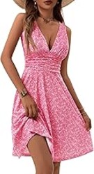OURIN Women's Spring Deep V Neck Sleeveless Floral Sundresses with Pockets Flowy Summer Dresses for Women