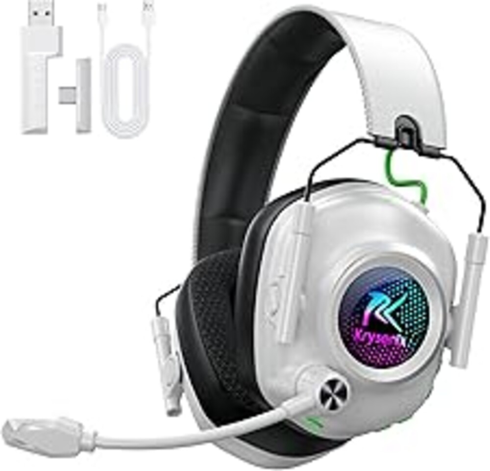 Krysenix Wireless Gaming Headset for PS5 & PC, 50mm Titanium Drivers, Low-Latency 2.4GHz & Bluetooth, Adjustable Noise-Cancelling Mic, Foldable RGB Over-Ear Headphones – White