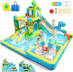 AKEYDIY Inflatable Water Slide,13 in 1 Dinosaur Themed Bounce House Water Park for Kids 3-12 with Dual Big Splash Pool&Long Slide,Ring Toss Game,Water Cannon and 550W Blower for Outdoor Backyard