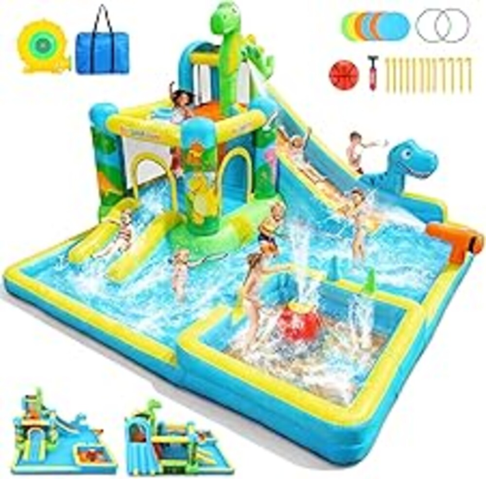AKEYDIY Inflatable Water Slide,13 in 1 Dinosaur Themed Bounce House Water Park for Kids 3-12 with Dual Big Splash Pool&Long Slide,Ring Toss Game,Water Cannon and 550W Blower for Outdoor Backyard