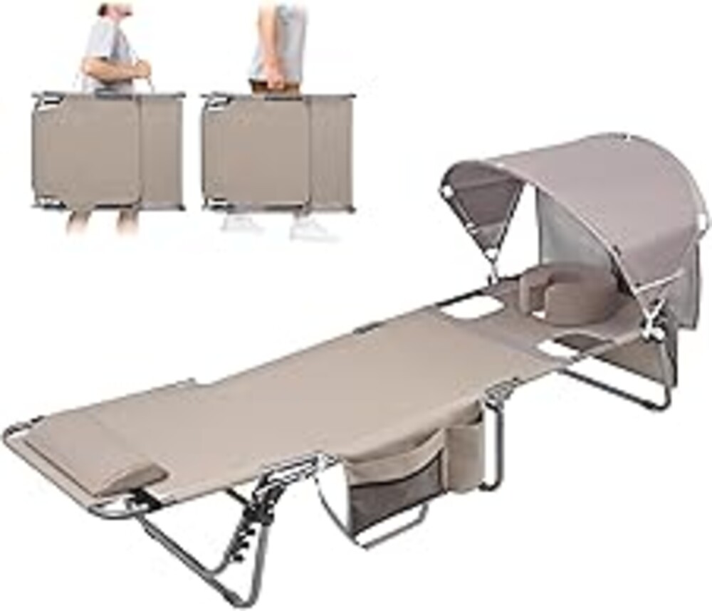 Tanning Chair with Sun Canopy Face Hole Softer Padded Adjustable Washable, Heavy Duty Layout Folding Lounge Chair for Adults Outside Beach Reading Sunbathing Poolside Lawn, UPF 50+ Sun Shade, 300 LBS