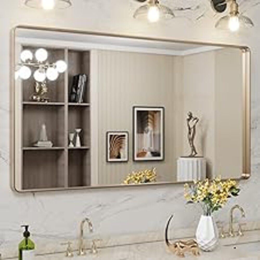 LOAAO 55”X30” Gold Bathroom Mirror, Rounded Rectangle Gold Frame Mirror, Brushed Gold Bathroom Vanity Mirror Wall-Mounted, Anti-Rust, Tempered Glass, Hangs Horizontally or Vertically