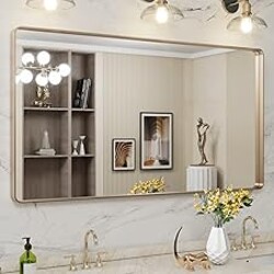 LOAAO 55”X30” Gold Bathroom Mirror, Rounded Rectangle Gold Frame Mirror, Brushed Gold Bathroom Vanity Mirror Wall-Mounted, Anti-Rust, Tempered Glass, Hangs Horizontally or Vertically