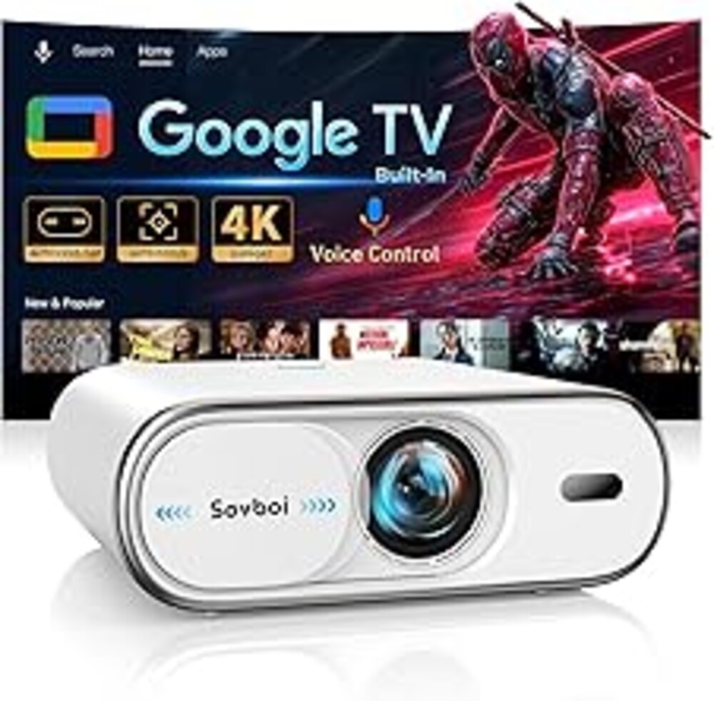 4K Projector with Google TV:3000 Brightness/Auto Lens Cap & 4D Keystone/Auto Focus & AI Voice Control, Sovboi Portable Outdoor Projector with WiFi & Bluetooth, Smart Movie Proyector for Streaming Apps