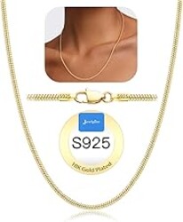 Jewlpire 1.5mm 2mm 2.5mm Snake Chain 18k Gold Plated 925 Sterling Silver Chain Necklace for Women, Smooth Sturdy Hypoallergenic, 16 18 20 22 24 Inch