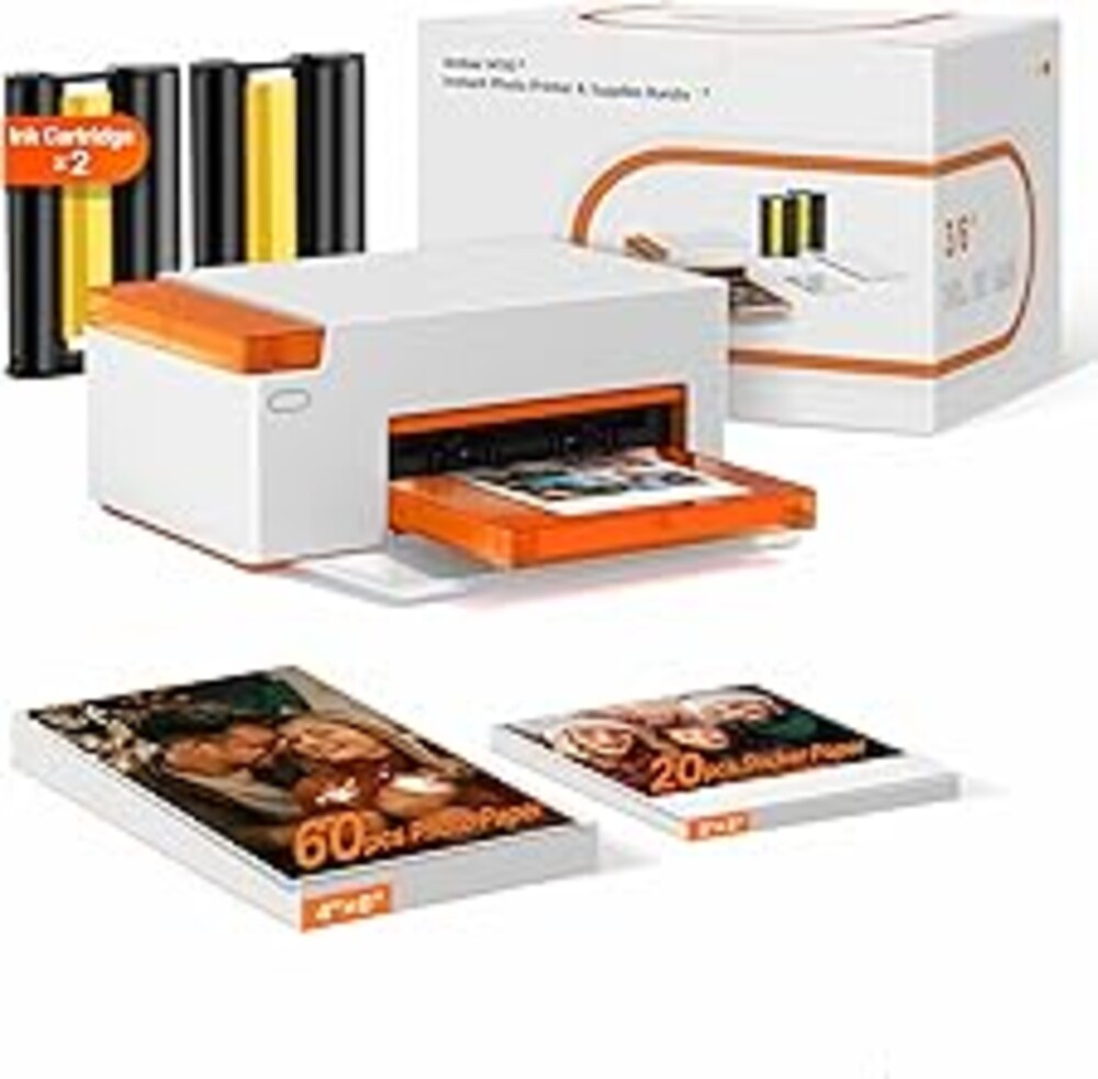 Liene Amber M110 Bluetooth Photo Printer 80 Sheets, Portable Photo Printer for iPhone, Thermal Dye Sublimation, Picture Printer 60 Sheets 4x6 Paper & 20 Sheets 3" Square Sticker Paper & 2 Cartridges