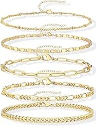 Gokeey Ankle Bracelets for Women, 14k Gold Plated Jewelry Set Waterproof Layered Cuban Figaro Link Chain Anklets Set Gold Anklets Summer Boho Beach Jewelry Gift Adjustable Size