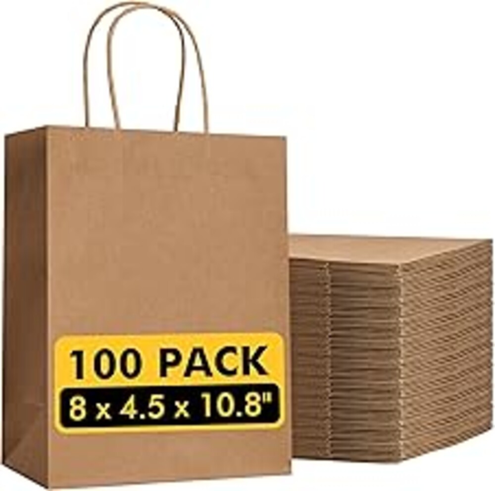RACETOP Brown Paper Bags with Handles Bulk 100Pcs 8x4.5x10.8 Inch Gift Bags Bulk, Brown Kraft Paper Bags for Retail, Party, Shopping, Favor