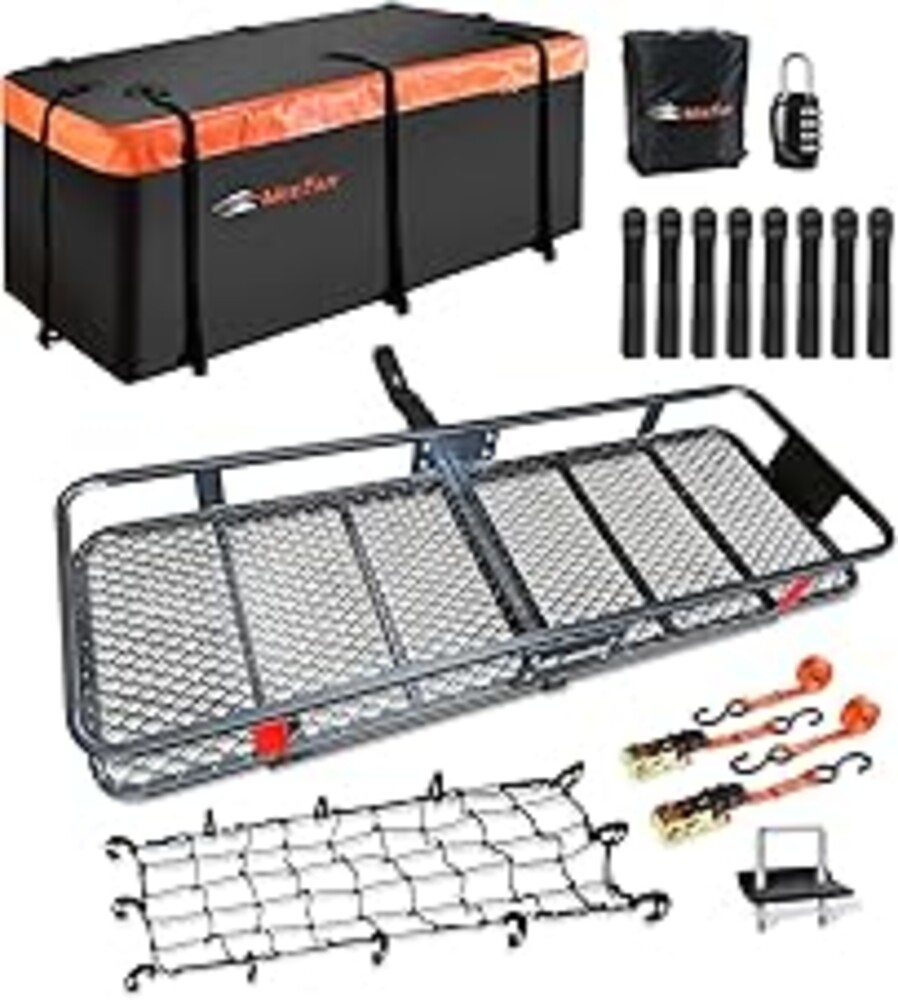 Hitch Mount Cargo Carrier Basket 60"*20"*6"+Waterproof Bag 16 Cubic Feet(58"*19"*24"),and Cargo Net with Attachment Hooks,Ratchet Straps,Hitch Stabilizer.500 Lbs Capacity,Foldable,fit 2" Receiver