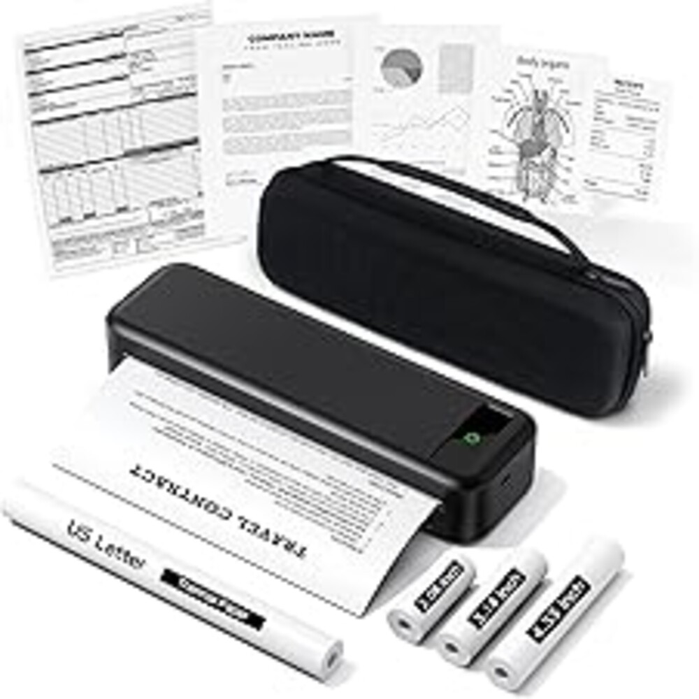 Portable Printers Wireless for Travel, A285M Bluetooth Inkless Thermal Printer Support 8.5" X 11" US Letter, Mobile Printer for Phone Laptop, with Case & 4 Rolls Thermal Paper, for Home Office Receipt