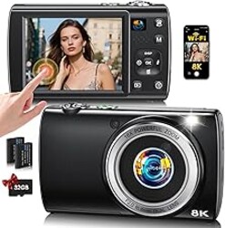 8K Digital Camera for Photography, 2026 Latest WiFi 88MP Vlogging Camera for YouTube with Dual Lens, Touch Screen, Autofocus Anti-Shake, 16X Zoom, Compact Travel Camera, 32GB Card, 2 Batteries, Black