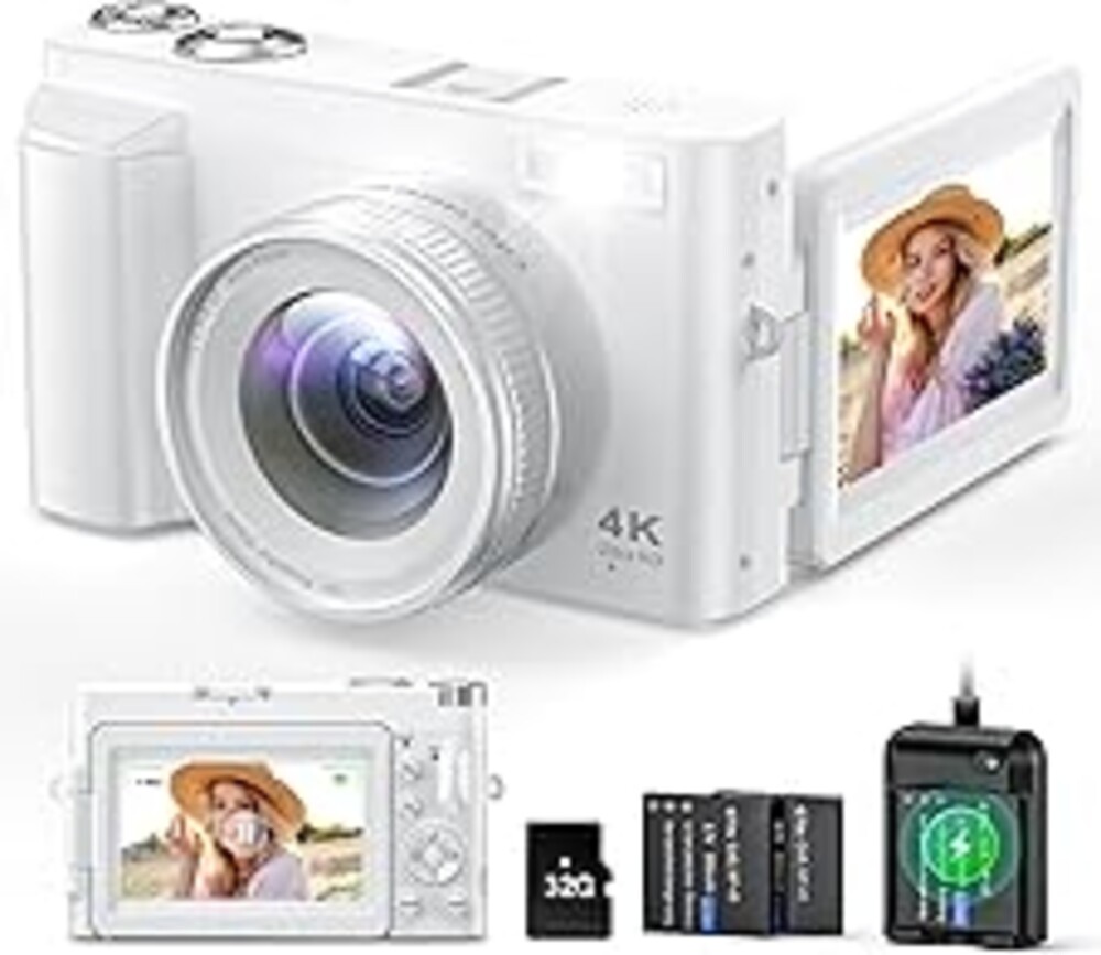 Zostuic 4K Digital Camera, 48MP Autofocus Anti-Shake Vlogging Camera for YouTube Video, 3'' 180Flip Screen with Flash 16X Zoom 32GB Card, Compact Travel Camera with Battery Charger