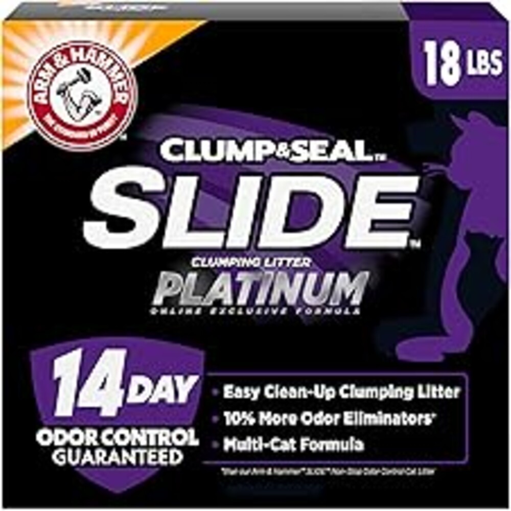 ARM & HAMMER Clump & Seal SLIDE Platinum Multi-Cat Clumping Cat Litter, Easy Clean Technology with No Scrubbing, 14-Day Odor Control, 18 lbs
