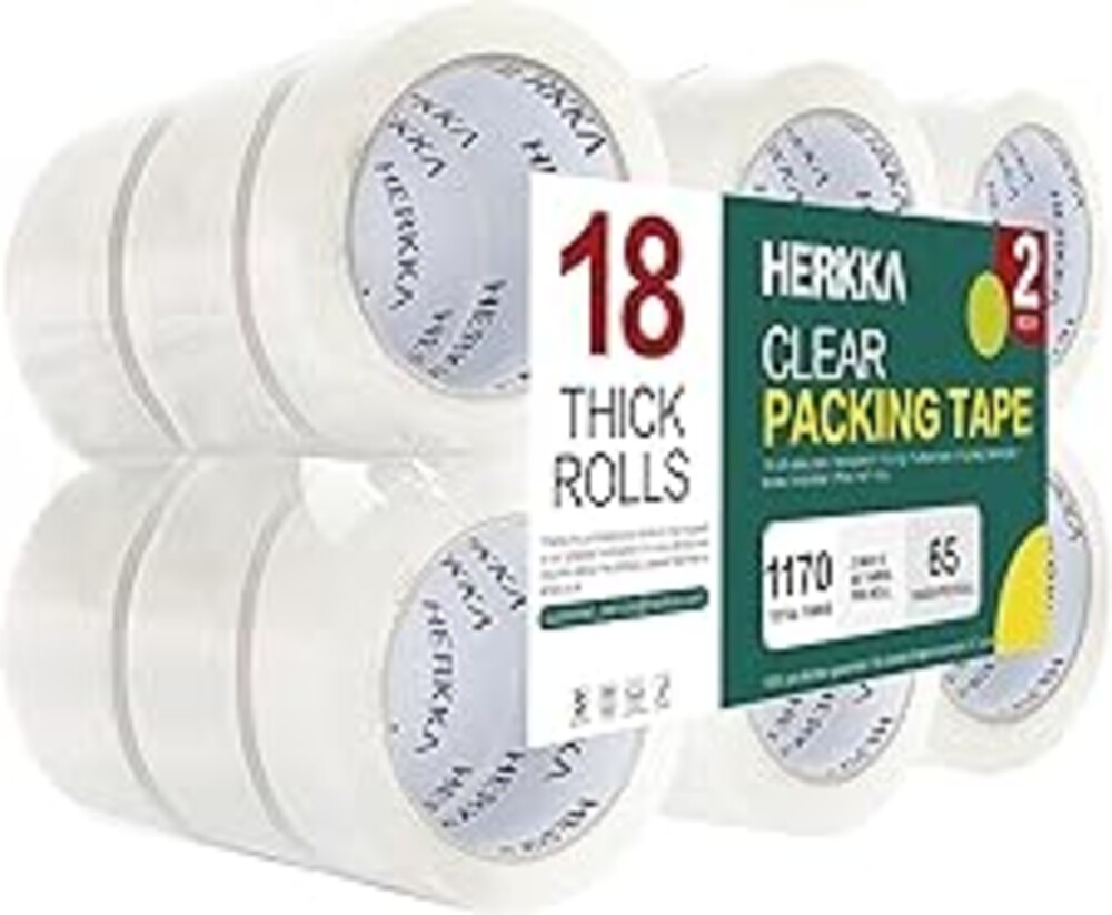 HERKKA Clear Packing Tape, 18 Rolls Heavy Duty Packaging Tape for Shipping Packaging Moving Sealing, Thicker Clear Packing Tape, 2 inches Wide, 65 Yards Per Roll, 1170 Total Yards