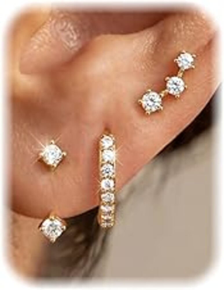 FIASASO 3 Pairs 925 Sterling Silver Hypoallergenic Earrings for Women Trendy - 14K Gold Plated Stud Hoop Cartilage Earrings Set Small Earring Stacks for Sensitive Ears Non Tarnish Dainty Silver Earring