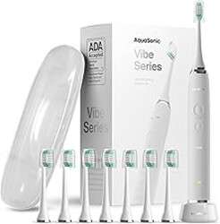 Aquasonic Vibe Series Ultra-Whitening Toothbrush – ADA Accepted Electric Toothbrush - 8 Brush Heads & Travel Case – 40,000 VPM Motor & Wireless Charging - 4 Modes w Smart Timer – Optic White