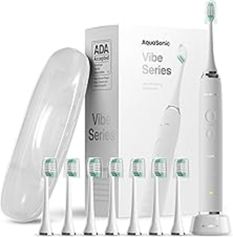 Aquasonic Vibe Series Ultra-Whitening Toothbrush – ADA Accepted Electric Toothbrush - 8 Brush Heads & Travel Case – 40,000 VPM Motor & Wireless Charging - 4 Modes w Smart Timer – Optic White