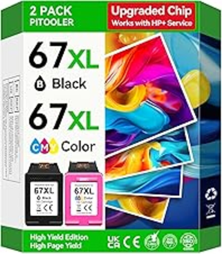 Upgraded Chip 67XL Ink Cartridges Compatible for HP 67 Ink Cartridges Black/Color Combo Pack Work with DeskJet 2855e 2827e 2800e 4255e 2755e 2700 4155e 4227e 2700e 2734e 2852e Envy 6055e 6000 Printer
