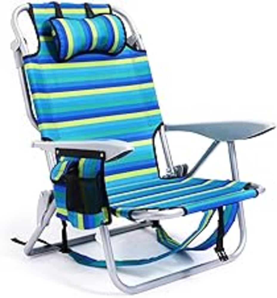 Canpsky Portable Beach Chair for Adults, Outdoor Camping Chair Lay Flat Folding Backpack Beach Reclining Chair with 5 Positions, Headrest, Cup Holder, Heavy Ocean Striped