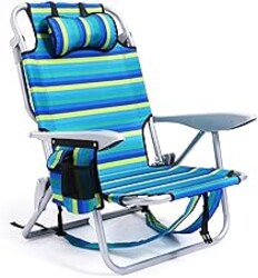 Canpsky Portable Beach Chair for Adults, Outdoor Camping Chair Lay Flat Folding Backpack Beach Reclining Chair with 5 Positions, Headrest, Cup Holder, Heavy Ocean Striped
